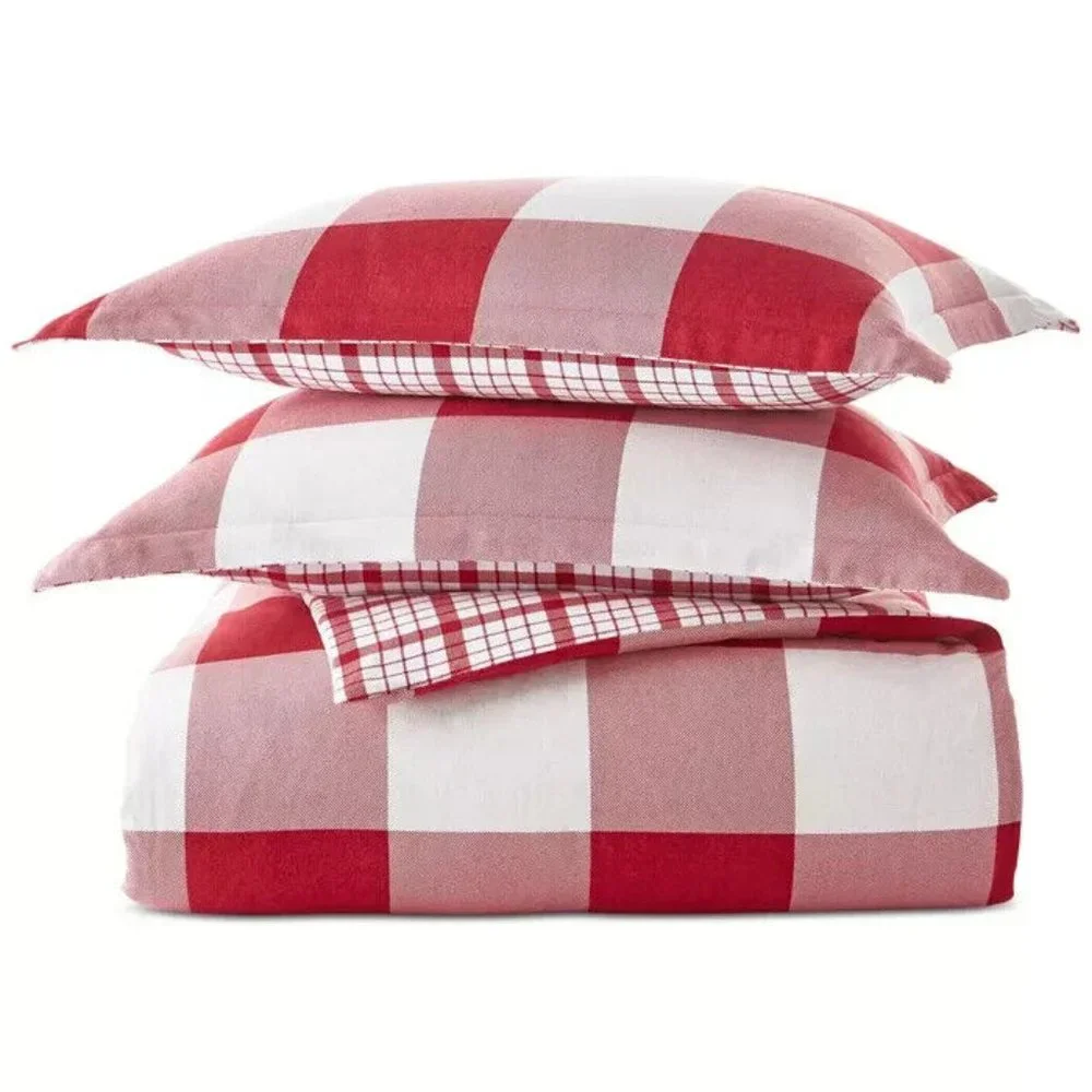 7 Pc Set Charter Club Red Check Flannel Duvet Cover Sheets Shams